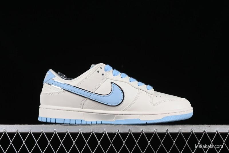 Stussy x Nike Dunk Low SB Skate Shoes in White with Light Blue Swoosh - DQ1098-380