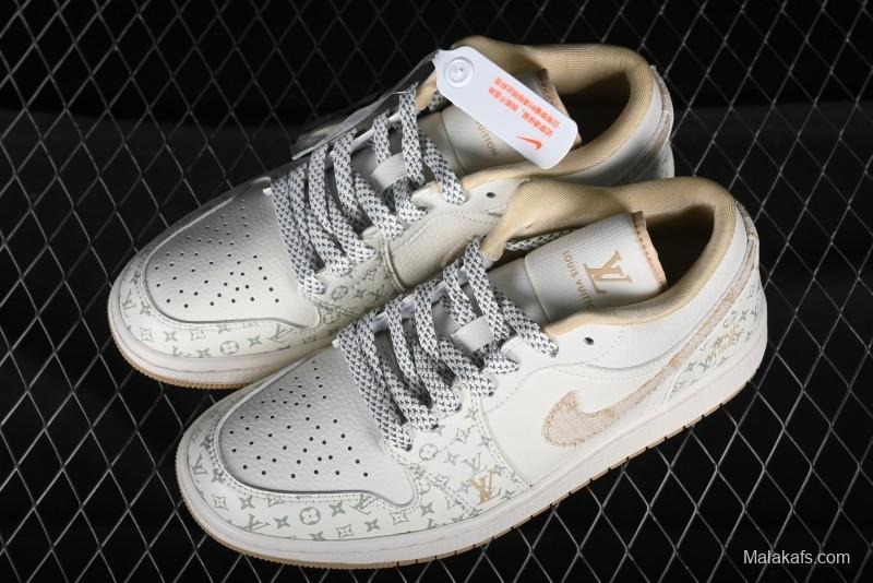 Nike Air Jordan 1 Low AJ1 Louis Vuitton Print Khaki Custom High-End Low-Top Basketball Shoes - SJ9950-004