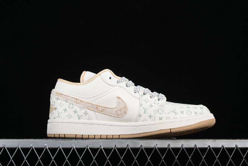 Nike Air Jordan 1 Low AJ1 Louis Vuitton Print Khaki Custom High-End Low-Top Basketball Shoes - SJ9950-004
