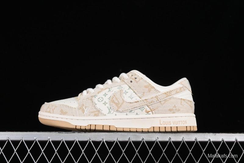 Nike SB Dunk Low LV Collaboration - Beige Swoosh Anniversary High-End Custom Low-Top Casual Skate Shoes - SJ2068-258