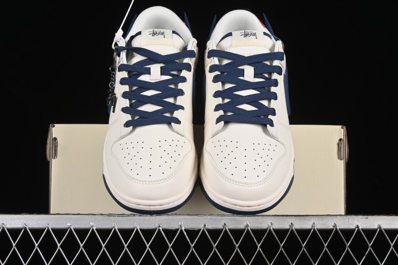 Nike SB Dunk Low Stussy Collaboration - Off White with Big Blue Swoosh Anniversary High-End Custom Low-Top Casual Skate Shoes - XY1688-009