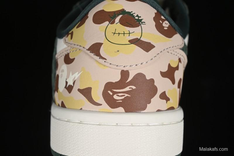 Nike Travis Scott x Fragment Design x Air Jordan 1 Low OG SP AJ1 Bape Collaboration - Camo Green Low Top Casual Sneakers - JH6088-614