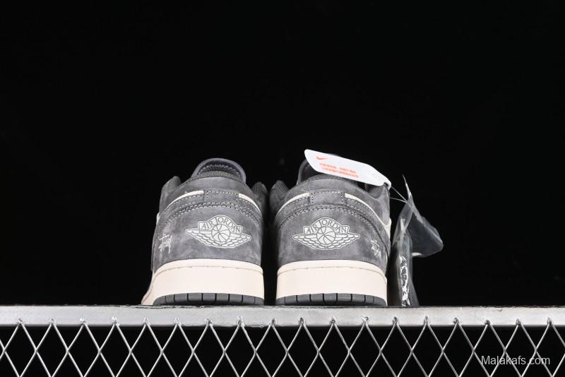 Nike Air Jordan 1 Low AJ1 Stussy Collaboration - Grey Pigskin Custom Low-Top Basketball Shoes - SJ9950-010