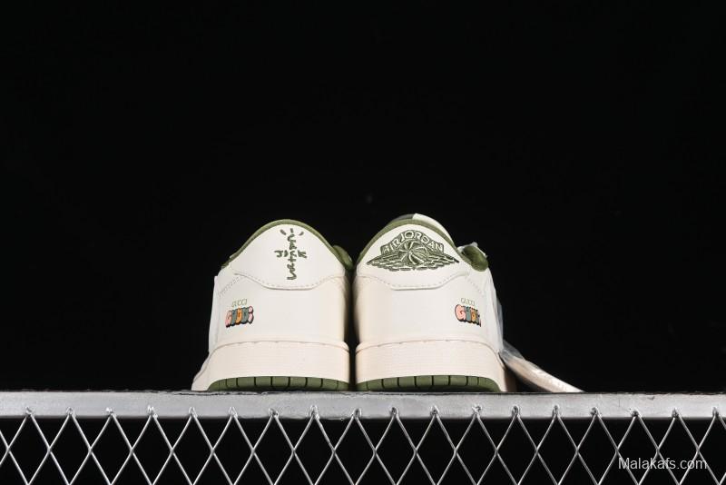 Nike Travis Scott x Fragment Design x Air Jordan 1 Low OG SP AJ1 Retro Sneakers in Off-White & Fresh Green - DM6688-606