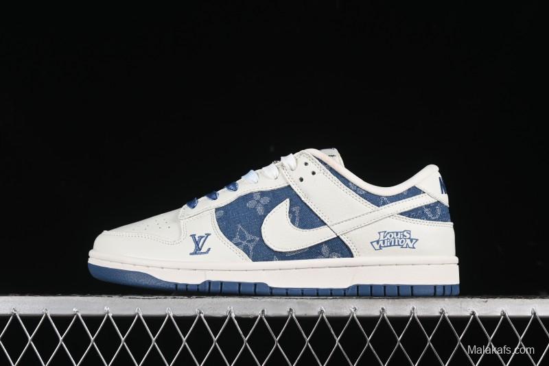 Nike SB Dunk Low LV Collaboration - Beige Blue Print Anniversary High-End Custom Low-Top Casual Skate Shoes - JH8310-954