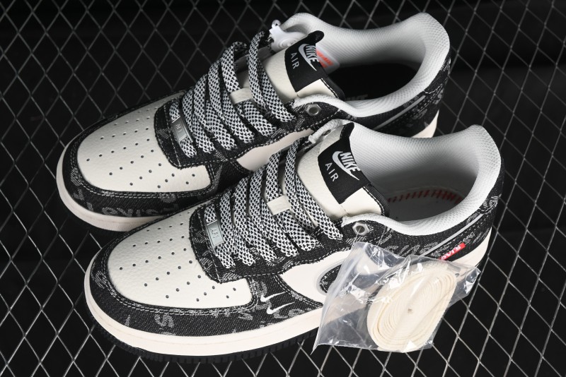 Nike Air Force 1 '07 Low Levi's Collaboration Double Swoosh Beige Black Casual Sneakers - SJ6698-001
