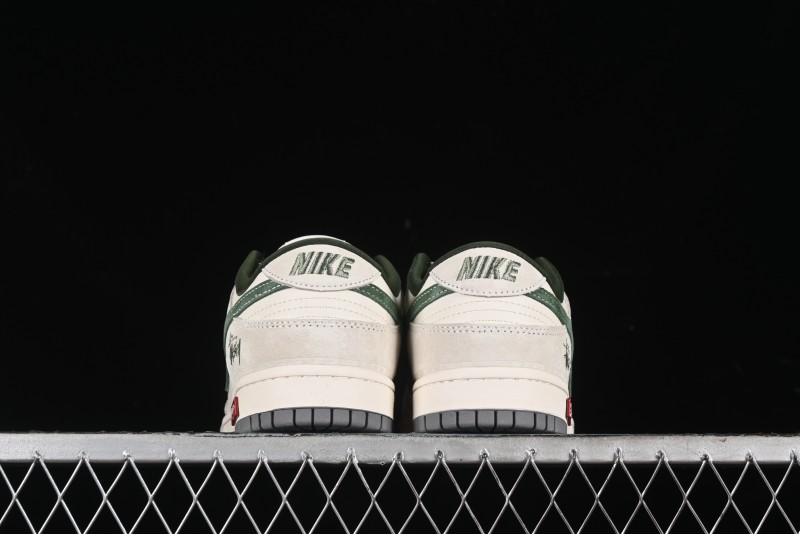 Nike SB Dunk Low Supreme x Stussy Triple Collaboration - Off White Green Swoosh Anniversary Custom Low-Top Casual Sneakers - SJ2068-303