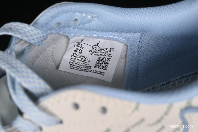 Nike Travis Scott x Fragment Design x Air Jordan 1 Low OG SP AJ1 Supreme Collaboration - White Blue Lettering Low Top Casual Sneakers - XY2688-116