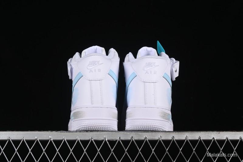 Nike Air Force 1 '07 Mid Light Blue Hand-Painted Cracked Three Stripes Shadow Mid-Top Casual Sneakers - CW2289-111