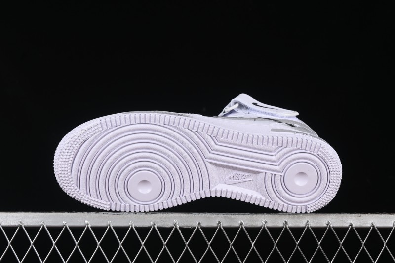 Nike Air Force 1 '07 Mid Casual Sneakers in White/Grey/Black with Hand-Painted Cracked Swoosh Shadow Detail - CW2289-111
