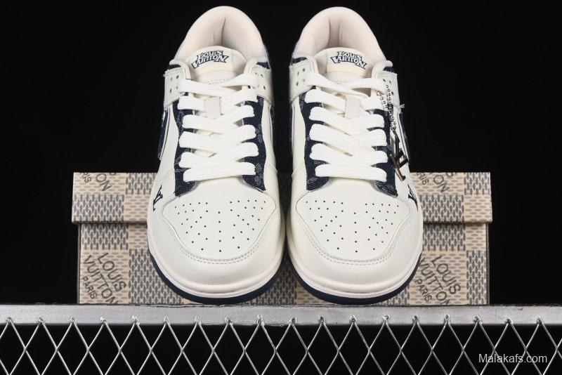 Nike SB Dunk Low LV Collaboration - Denim Print Swoosh Anniversary High-End Custom Low-Top Casual Skate Shoes - XB3802-360
