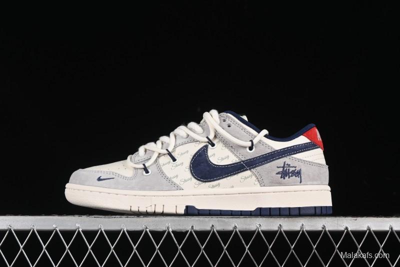 Nike SB Dunk Low Stussy Collaboration - Lace-Up Off White Navy Swoosh Anniversary High-End Custom Low-Top Casual Sneakers - SJ2068-308