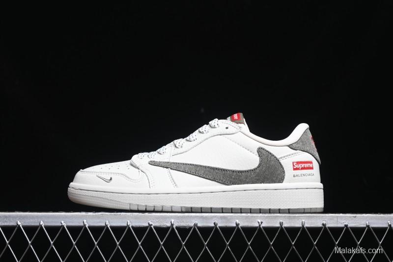 Nike Travis Scott x Fragment Design x Air Jordan 1 Low OG SP AJ1 Supreme Collaboration - Light Beige White Low Top Casual Sneakers - JH6088-609
