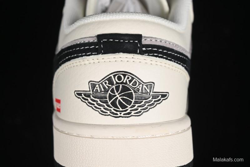 Nike Air Jordan 1 Low Supreme Collaboration - Dual-Tone Black Swoosh Custom Retro Basketball Shoes - SJ9950-043