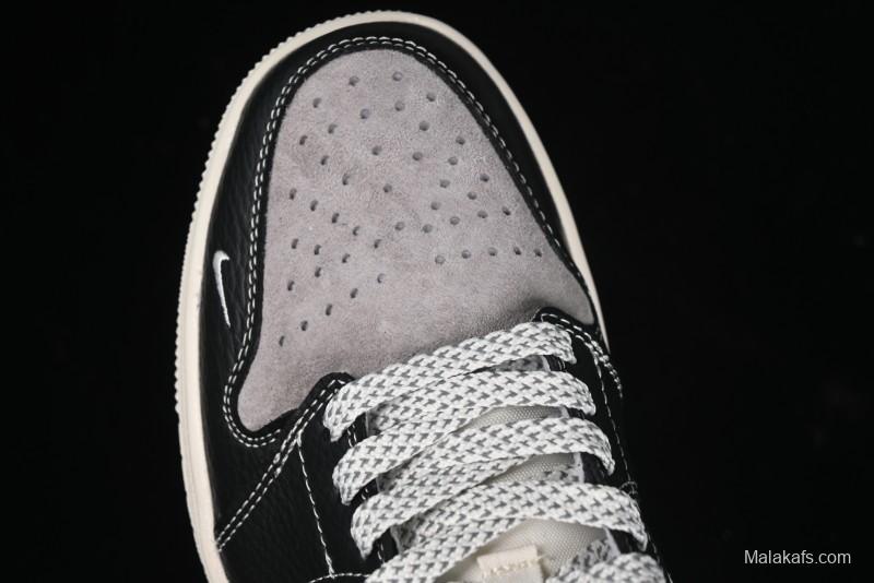 Nike Air Jordan 1 Low Supreme Collaboration - Black Grey Pigskin Two-Tone High-End Custom Retro Basketball Shoes - SJ9950-032