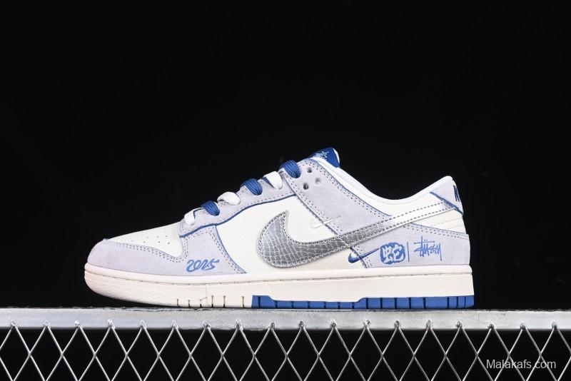 Nike SB Dunk Low Stussy Year of the Snake Collaboration Light Blue Silver Swoosh Anniversary Custom Low-Top Casual Sneakers - DM6868-010