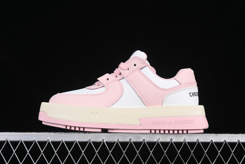 Choco Concert Leather Round Square Asymmetrical Fashion Sneakers White Pink - AJE5
