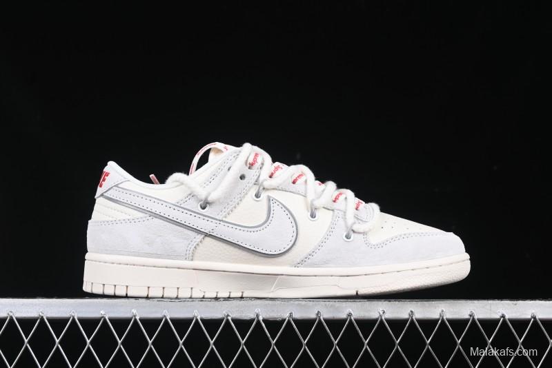 Nike SB Dunk Low Supreme Collaboration Light Gray Drawstring Anniversary High-End Custom Low-Top Casual Skate Shoes - XX3168-109