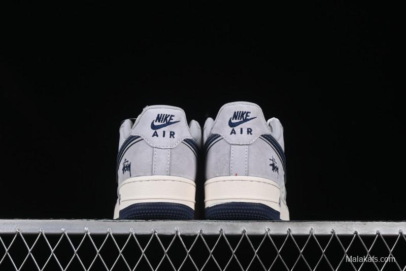 Nike Air Force 1 '07 Low Stussy Collaboration Grey Blue Swoosh Casual Sneakers - XZ3318-088