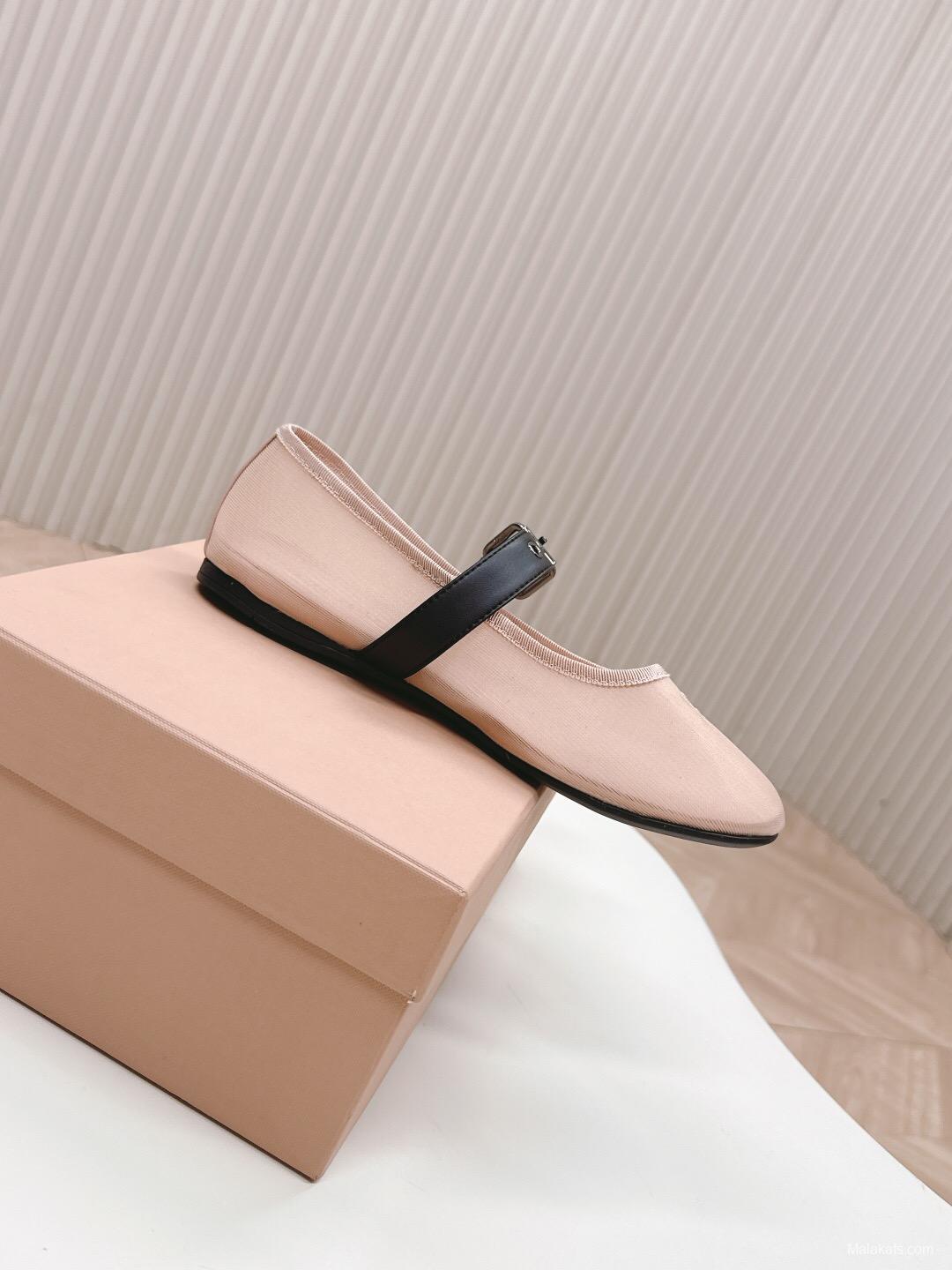 2025 Women Miu Miu Pink Black Fabric Leather Ballet Flats