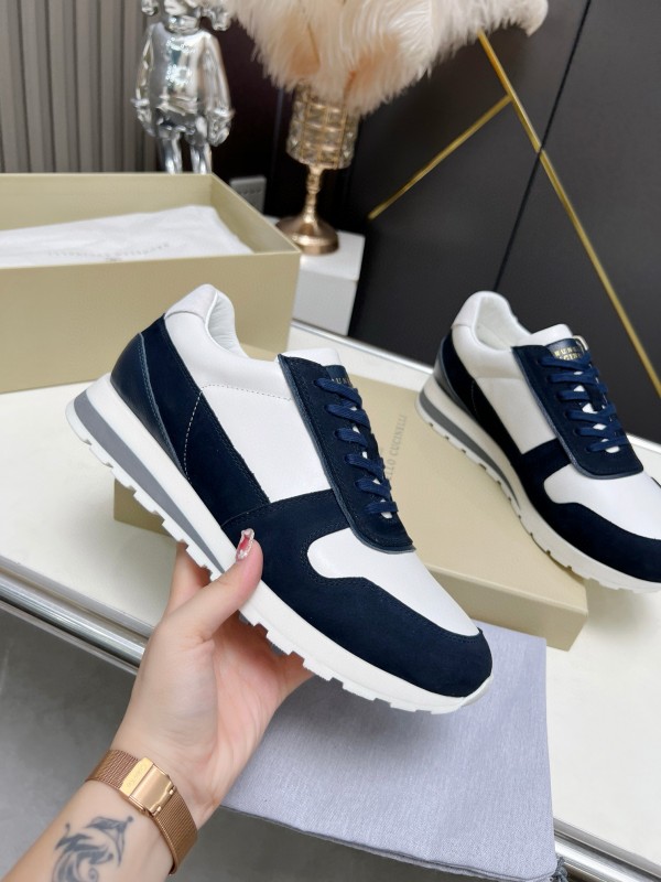 2024 Unisex Brunello Cucinelli White Navy Suede Leather Sneakers