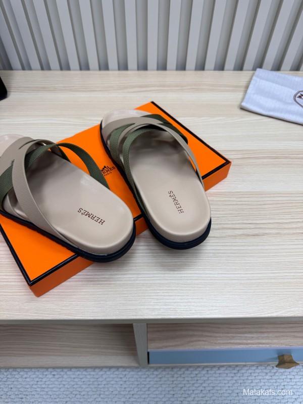 2025 Slippers Hermès Beige Green Rubber Slippers
