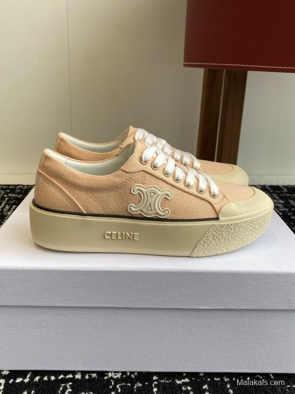 2025 Women Celine Beige Canvas Leather Platform Sneakers