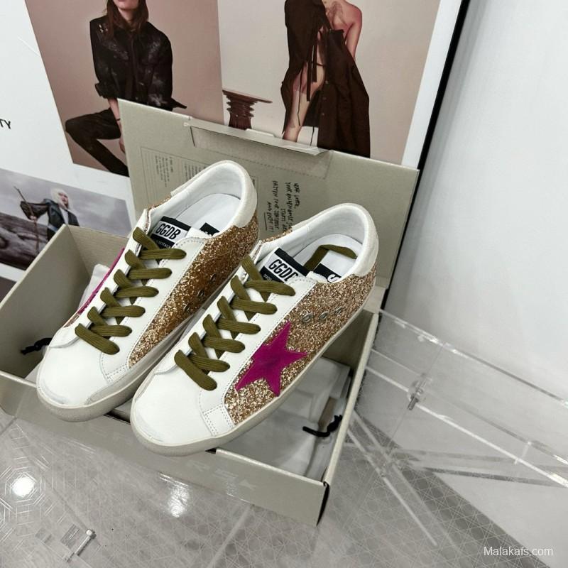 2025 Women GGDB White Gold Pink Glitter Leather Sneakers