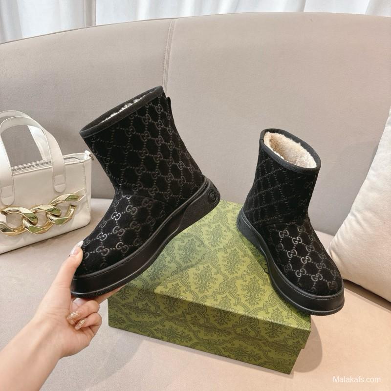 2024 Women Gucci Black Suede Shearling Snow Boots MJ00350