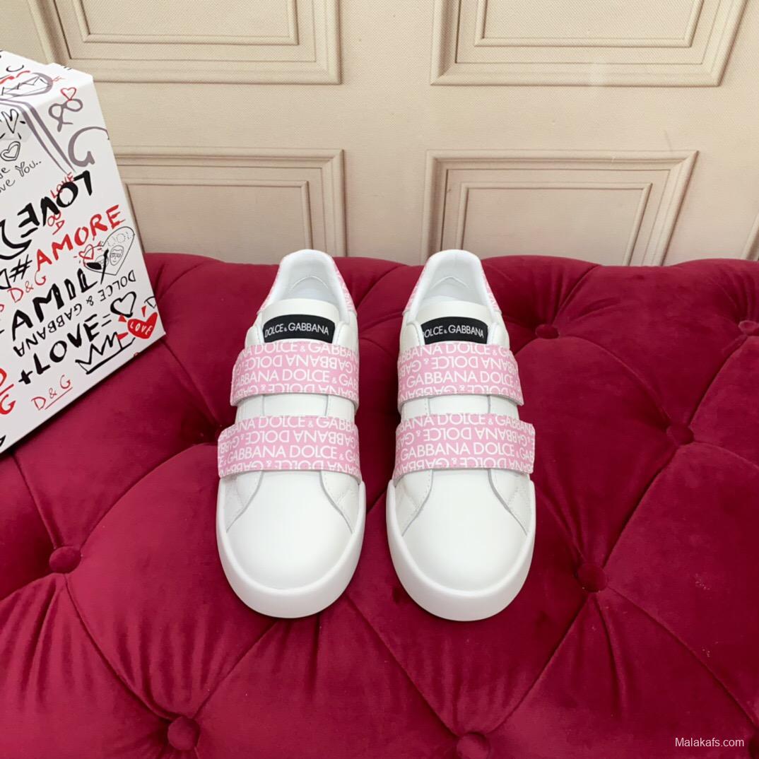 2025 Women Dolce & Gabbana White Pink Leather Sneakers LY00300