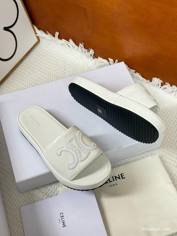 2025 CELINE White Leather Slippers