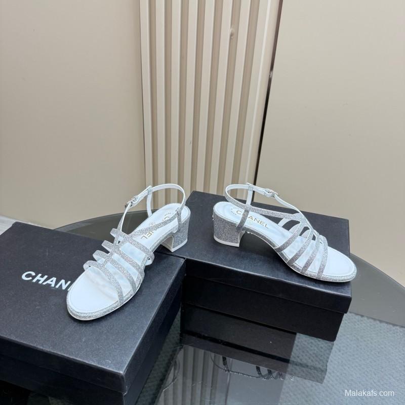 2025 Women Chanel Silver Leather Sandals