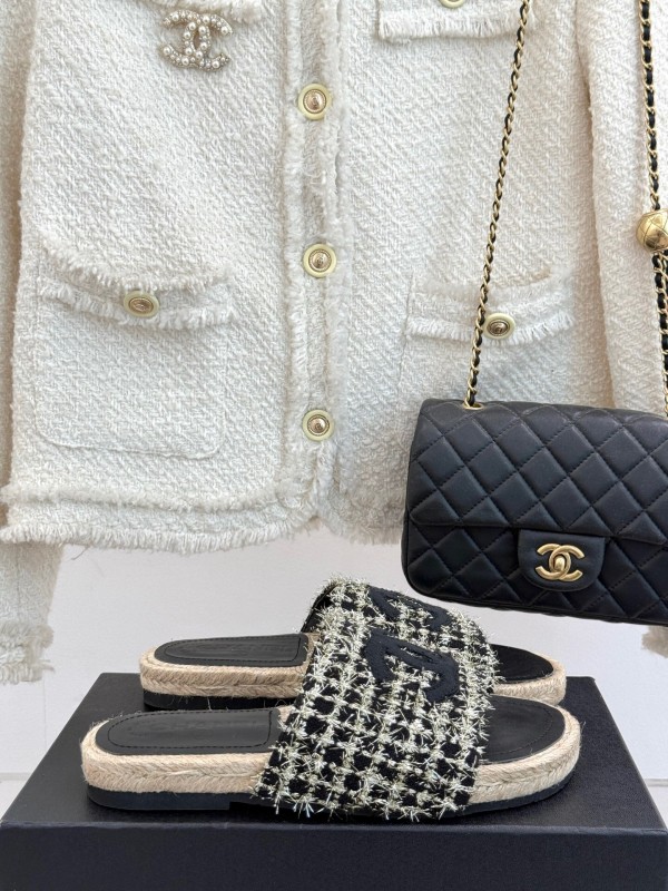 2025 CHANEL Black White Tweed Slippers