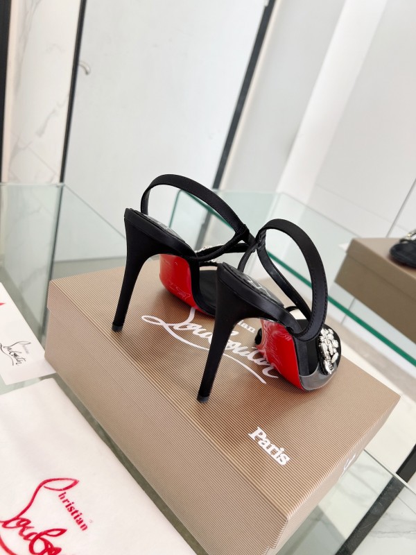 2025 Women ChristianLouboutin Black Satin High Heel Sandals Crystal Embellishment LY00300