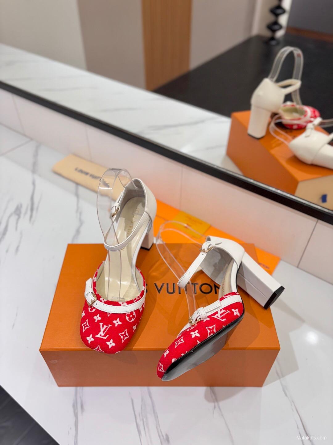 2025 Women Louis Vuitton Red White Denim Leather Heeled Sandals KFY00310