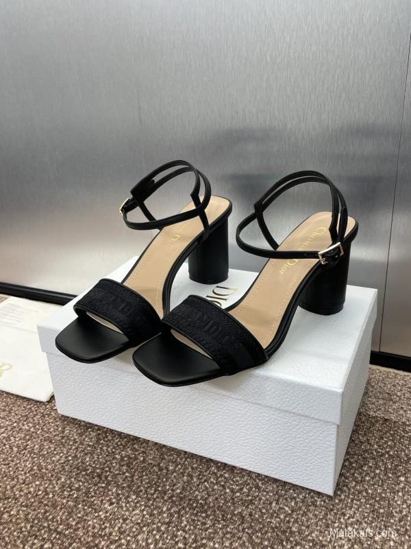 2025 Women Dior Black Leather Fabric Sandals
