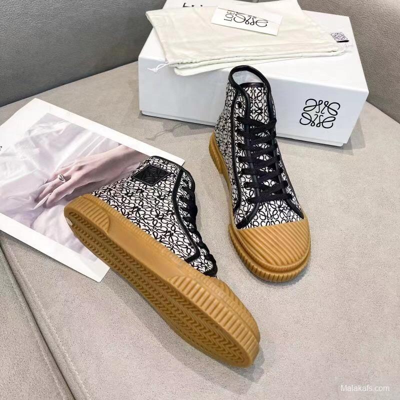 2025 Women Loewe Black White Canvas Rubber High Top Sneakers LY00291