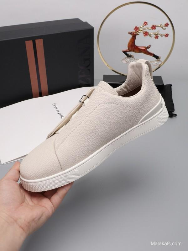 2024 Men Ermenegildo Zegna Beige Leather Low Top Sneakers MJ00240