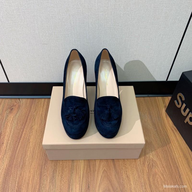 2025 Women Gianvito Rossi Navy Suede Platform Loafers KFY00330