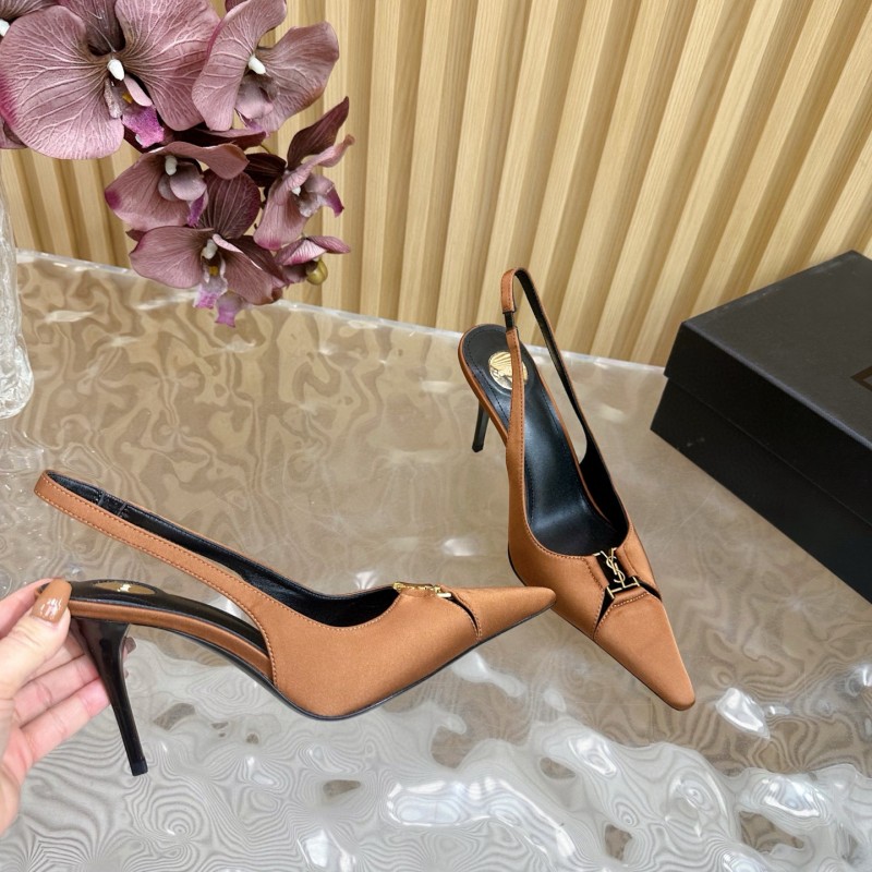 2025 Women Yves Saint Laurent Brown Leather Slingback Pumps MJ00300