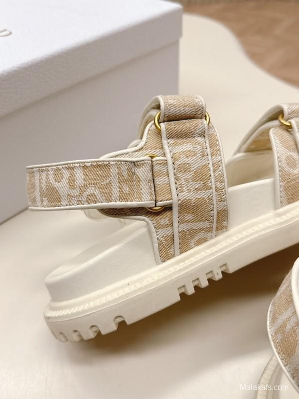 2025 Women Dior Beige Canvas Sandals Magic Tape LY