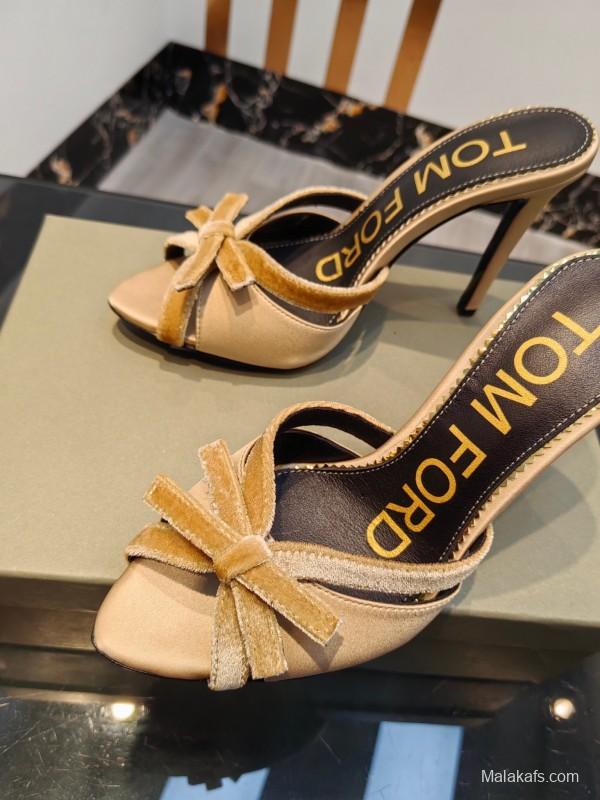 2025 Women TOM FORD Beige Suede High Heel Open Back Sandals KFY00290