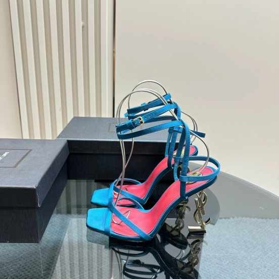 2025 Women Yves Saint Laurent Blue Silk High Heel Sandals KFY00290