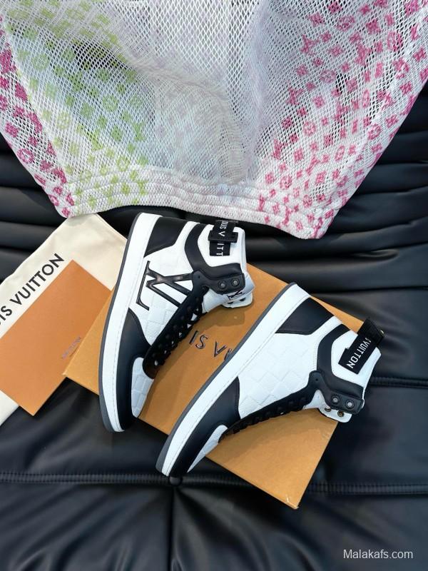 2024 Men Louis Vuitton Black White Leather High Top Sneakers MJ00420