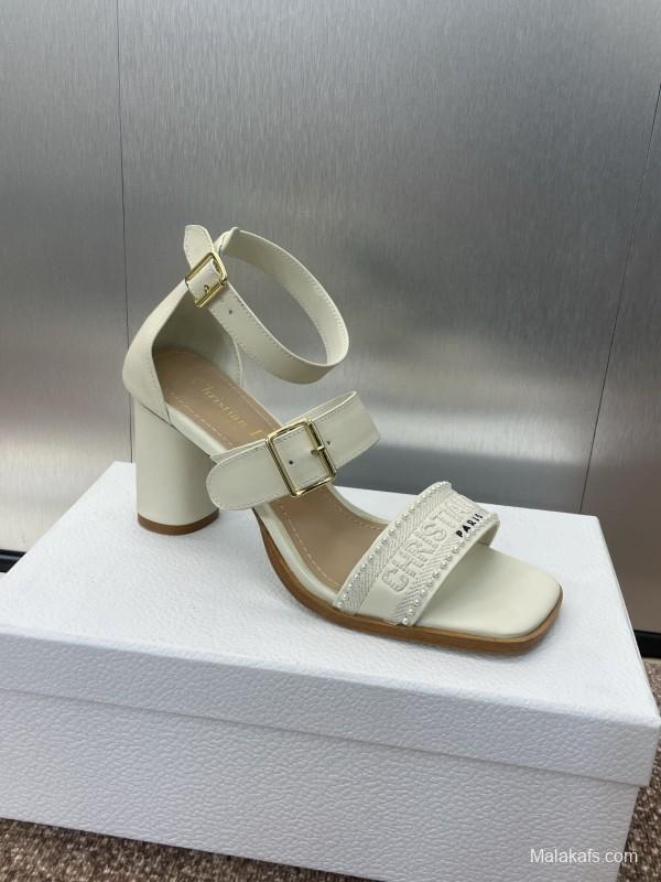 2025 Women Dior White Calfskin Silk Embroidery Sandals KFY00320