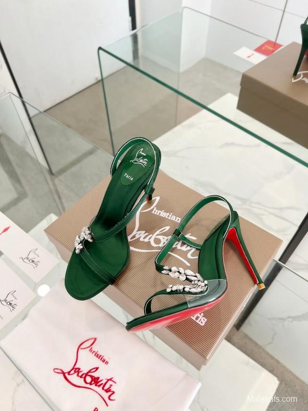 2025 Women Christian Louboutin Green Silk High Heel Crystal Sandal LY00300