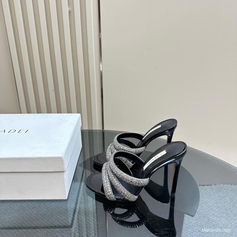 2025 Women Casadei Black Rhinestone Leather High Heels KFY00290