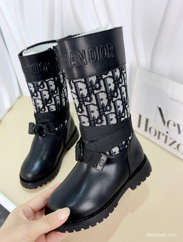 2024 Kids Dior Black Leather Fabric Boots