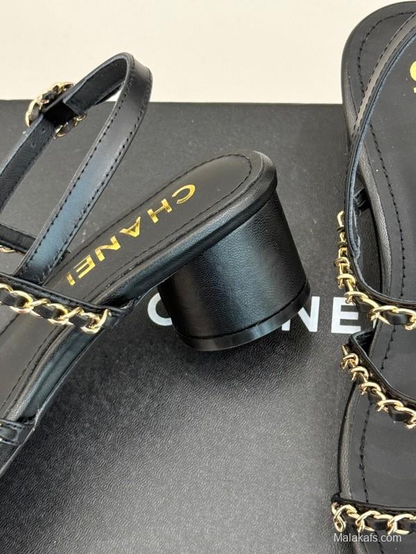 2025 Women Chanel Black Leather Sandals Chain KFY00270