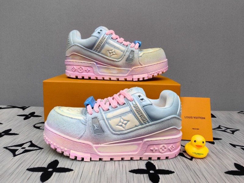 2025 Unisex Louis Vuitton Pink Grey Denim Sneakers KFY00510